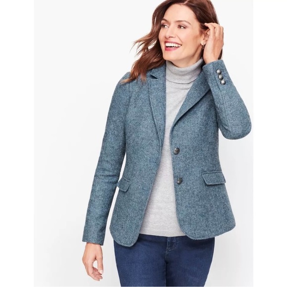 Talbots Blue Herringbone Blazer Size L/XL Wool Blend Jacket Horses Liner Academi - Picture 1 of 10